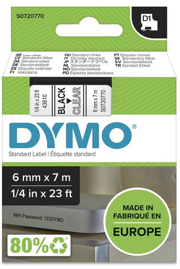 Dymo D1 tape S0720770 zwart op transparant 6mm