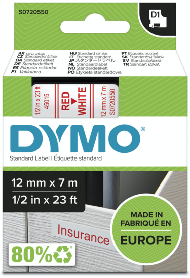 Dymo D1 tape S0720550 rood op wit 12mm